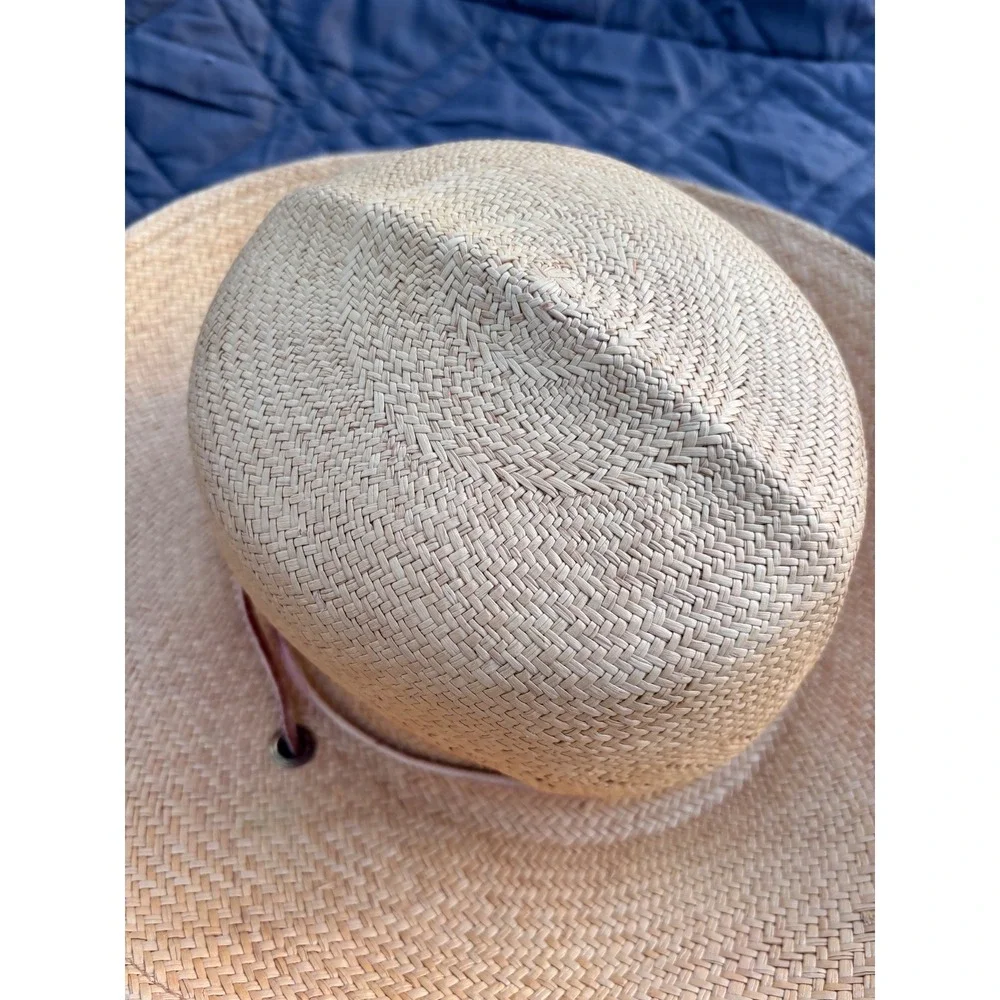 Open Crown Cowboy Hat Vintage SF Green Straw Natural Tan Woven Lightweight